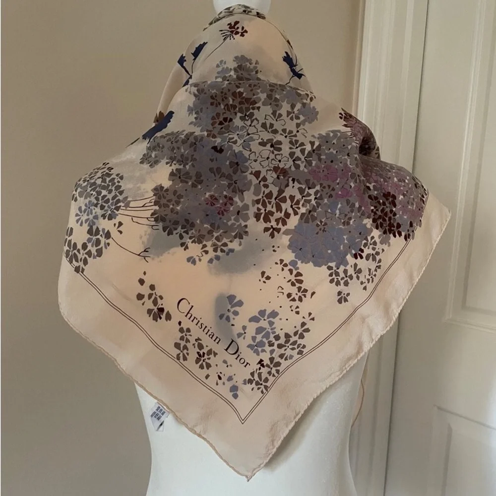 Vintage Christian Dior New Look Silk Floral Lilac Cream Square Scarf 1950s 1990s